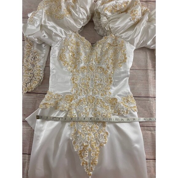 Vintage 90's Demetrios Beaded Puff Sleeve Wedding Dress W/Detachable Train - 0 - Picture 6 of 16